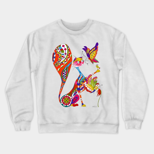 Cat and Two Butterflies Crewneck Sweatshirt by IsabelSalvador
